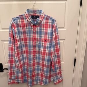 Vineyard Vines Men's Red and Blue Plaid Shirt